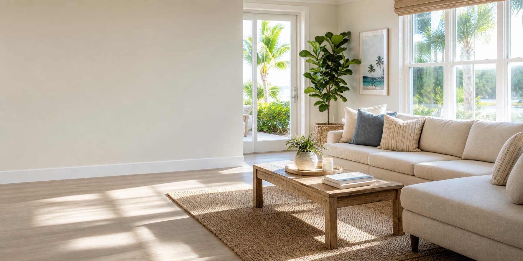 Sunlit Florida living room cleaned and ready for the day
